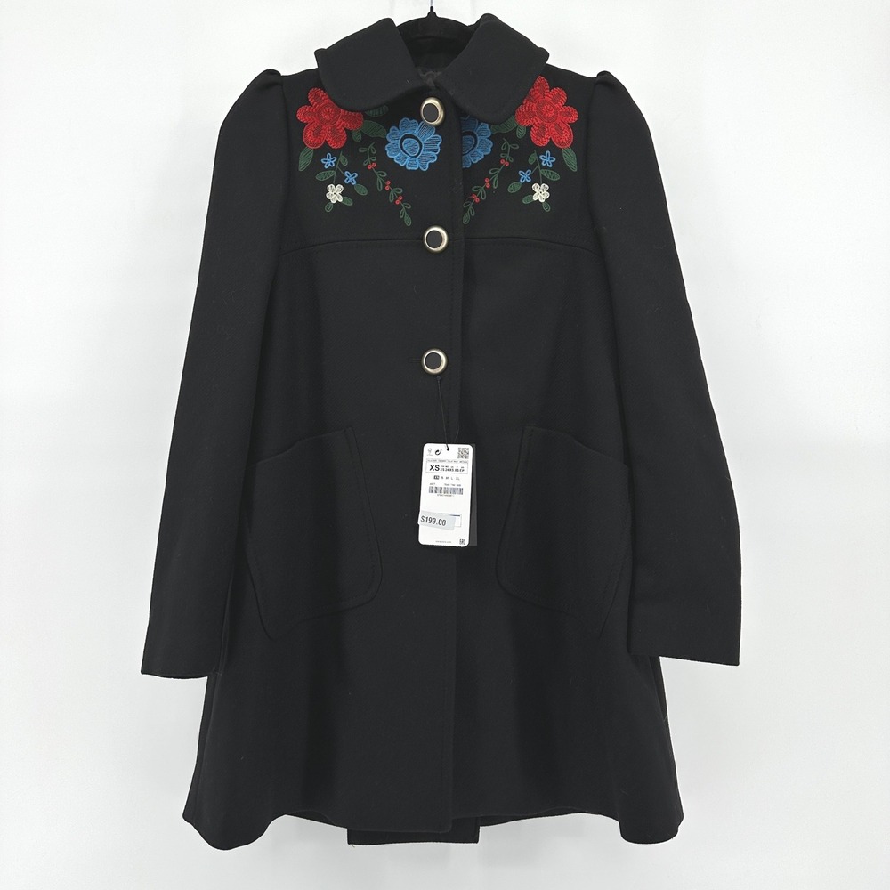 Zara Embroidered Yoke Wool Blend Coat Black Floral Folk Statement Jacket XS NWT